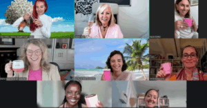 Virtual gathering with drinks and smiles.