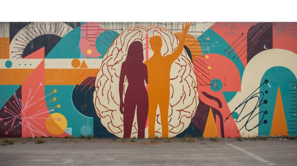 AI Job Anxiety: 5 Questions Every Leader Should Ask Right Now 2 Two people navigating AI job anxiety — street art illustration of human and technology connection