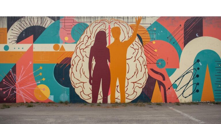 Two people navigating AI job anxiety — street art illustration of human and technology connection